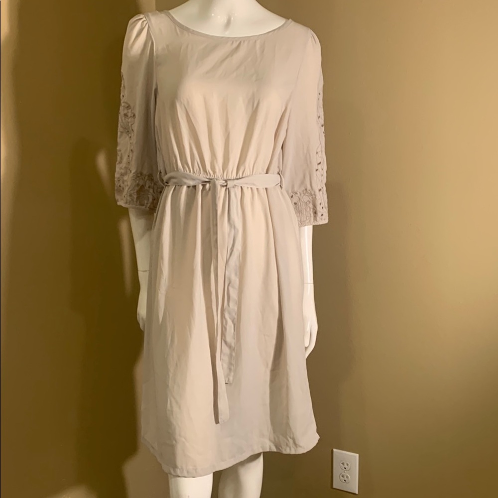 H&M Elegant Cream Dress with Lace Sleeves Size 8”